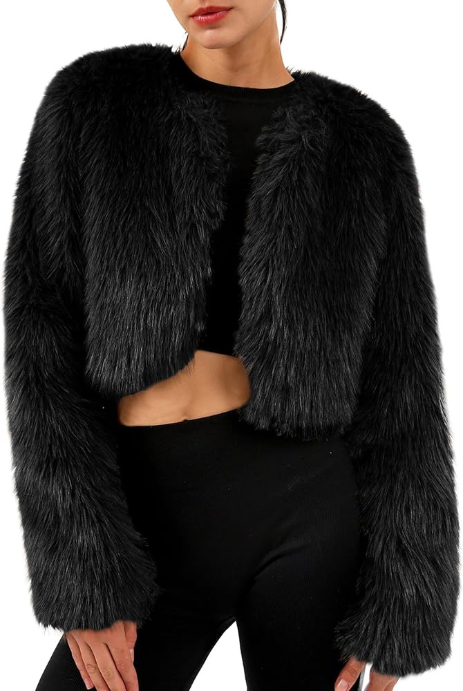 Amazhiyu Women's Faux Fur Cropped Coat Long Sleeve Open Front Winter Jacket | Amazon (US)