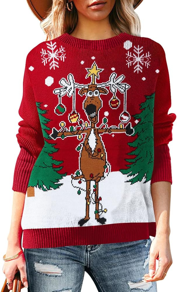 Pink Queen Women's 2025 Ugly Christmas Sweater Long Sleeve Knitted Pullove Xmas Jumpers Tops | Amazon (US)