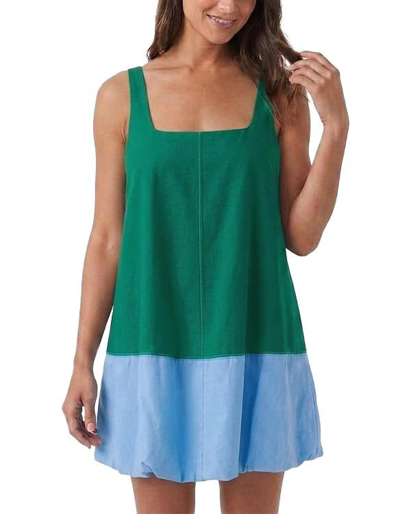 Women's Color Block Mini Dress Bubble Hem Square Neck Sleeveless Dresses A Line Summer Casual Tan... | Amazon (US)