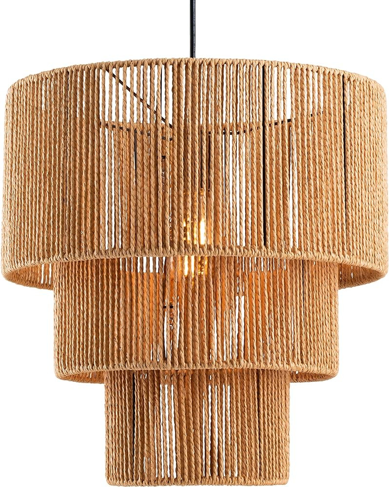 c cattleya Boho Light Fixtures Ceiling Mount, 3-Tiered Natural Paper Rope Pendant Ceiling Light F... | Amazon (US)