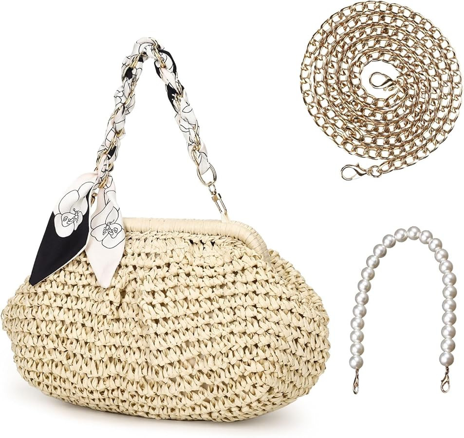 Straw Bag Clutch Purses for Women, Beach Woven Straw Crossbody Handbag with Pearl Chain, Dumpling... | Amazon (US)