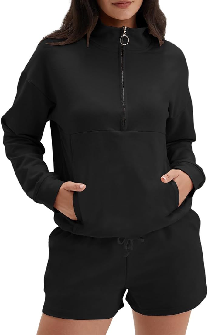 DEEP SELF Women's 2 Piece Outfits Sweatsuit Oversized Half Zip Sweatshirts and Shorts Set Casual Coz | Amazon (US)
