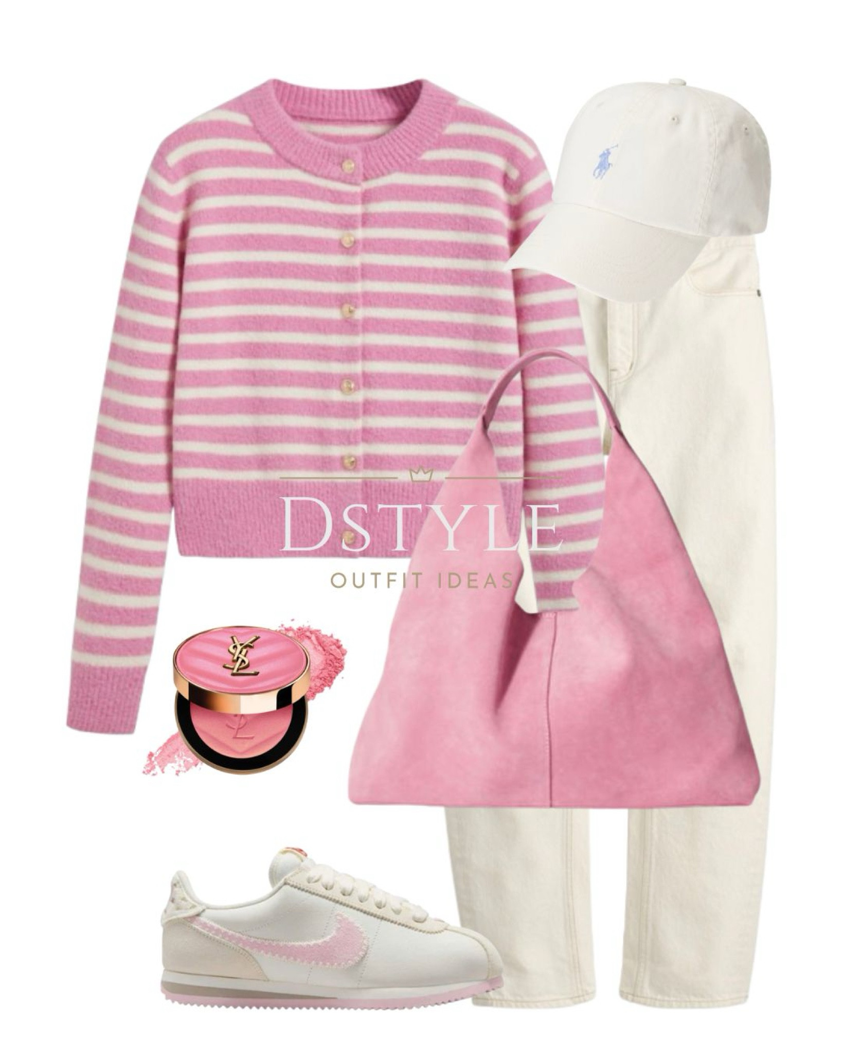Pink striped cardigan, pink suede bag, barrel-leg jeans, cream Polo Ralph Lauren chino cap, Nike Cortez 'Valentine's Day' sneakers, YSL blush 

 

#LTKStyleTip #LTKShoeCrush #LTKItBag
