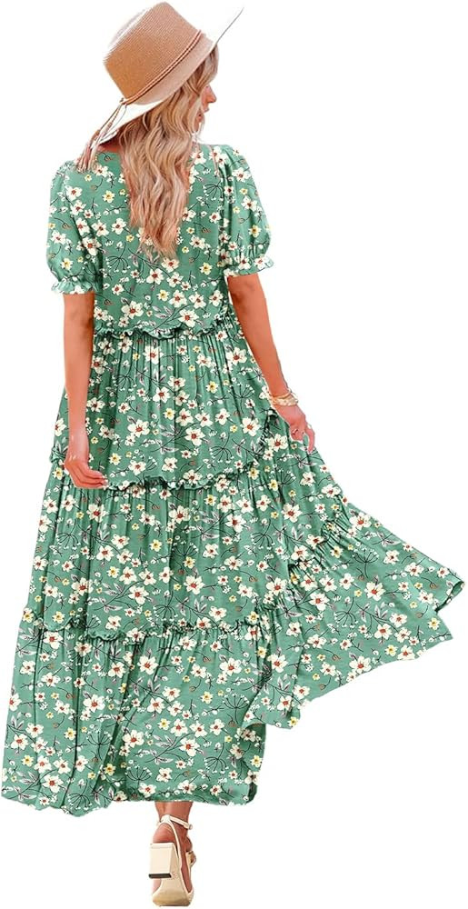 YESNO Summer Casual Bohemian Floral Dresses for Women Puff Short Sleeve Long Maxi Dress with Pock... | Amazon (US)