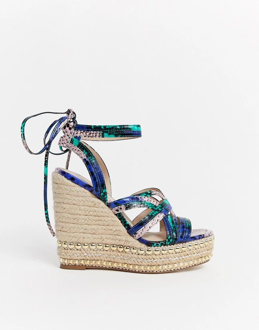 ASOS DESIGN Josephina tie leg espadrille wedges in snake-Blue | ASOS (Global)