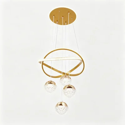 Modern Luxury Gold Intertwined Ring LED Pendant Light, 4 Crystal Globes with Illuminated Canopy, Adjustable Height for Kitchen Dining Room | Wayfair North America