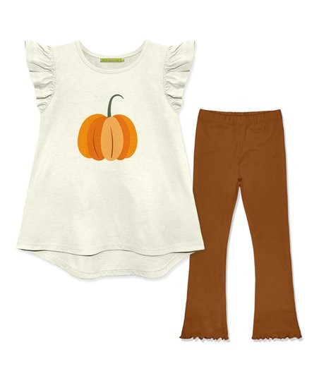 Millie Loves Lily Cream Pumpkin Angel-Sleeve Hi-Low Top & Caramel Café Flare Pants - Infant, Tod... | Zulily