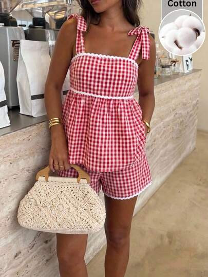 SHEIN EZwear Red And White Plaid Plaid Woven Camisole Top And Shorts Set For Women Picnic Summer ... | SHEIN