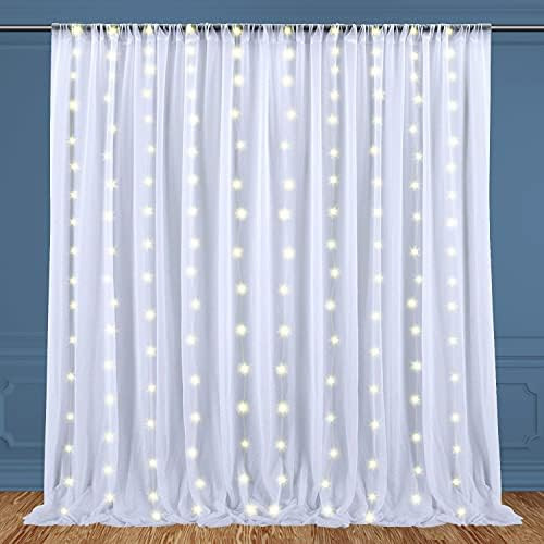 10x10ft White Sheer Tulle Backdrop Curtain with String Light Strip for Parties Baby Shower Bridal Sh | Amazon (US)
