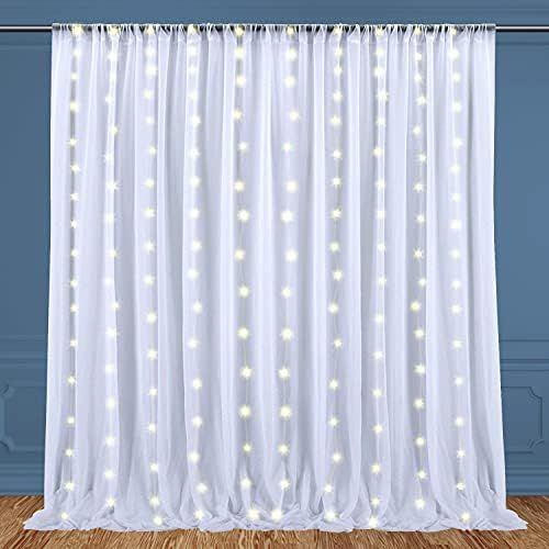 10x10ft White Sheer Tulle Backdrop Curtain with String Light Strip for Parties Baby Shower Bridal Sh | Amazon (US)