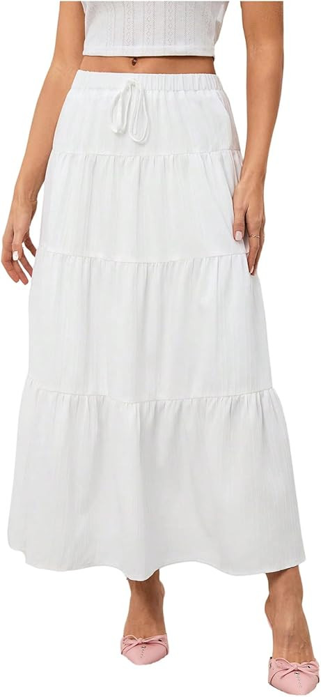 Women's Flowy Flared Ruffle Hem A Line Maxi Skirts Elastic Waist Elegant Tiered Layer Boho Long S... | Amazon (US)