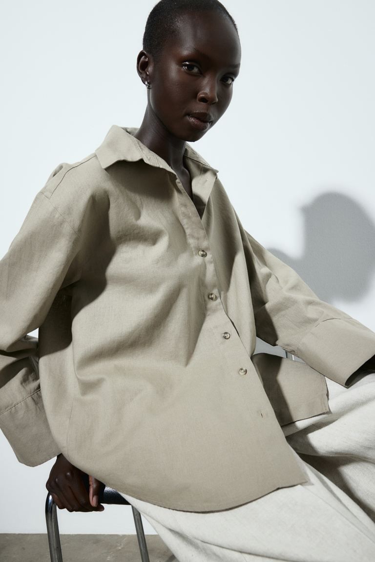 Linen-blend Shirt - Long sleeve - Regular length - Taupe - Ladies | H&M US | H&M (US + CA)