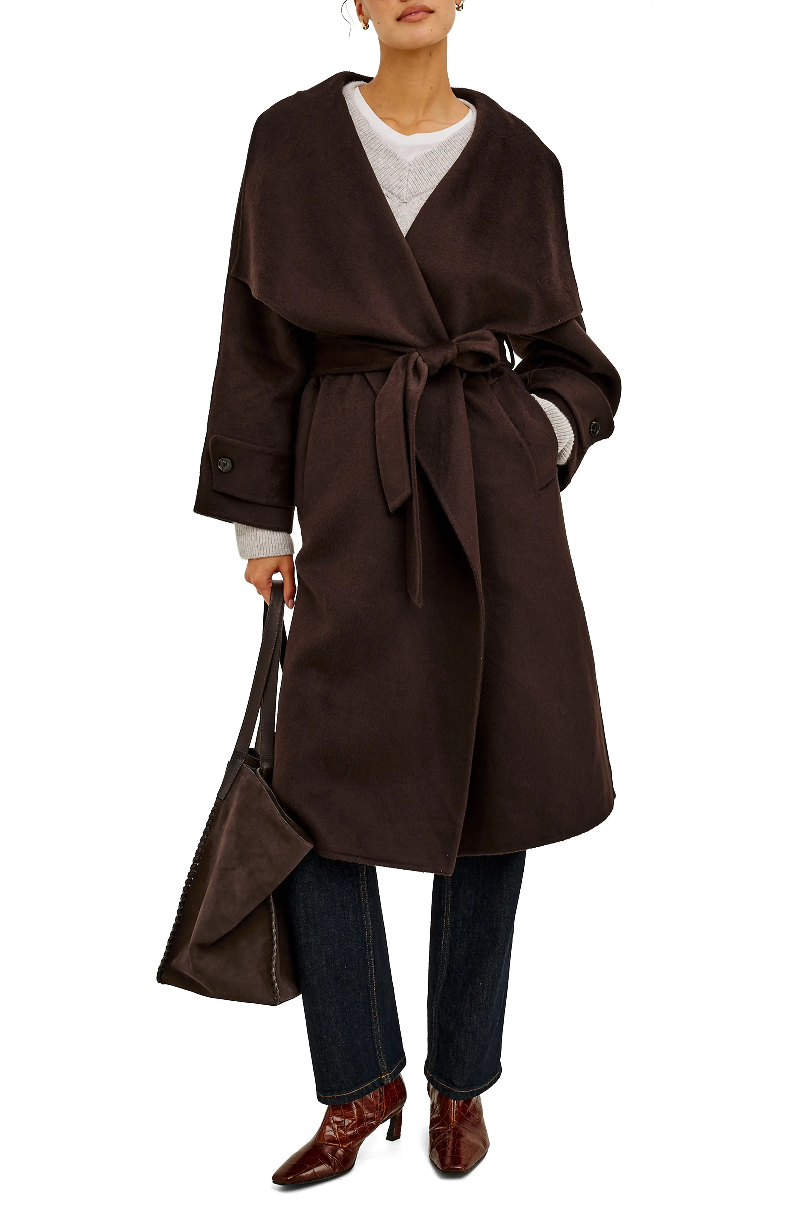 Rails Celeste Wool Blend Belted Wrap Coat in Chocolate at Nordstrom, Size Large | Nordstrom