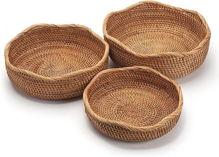 Rattan Bread Baskets Round Woven Fruit Bowls Key Holders Stackable for Storage, Snack, Fruit, Veg... | Amazon (US)