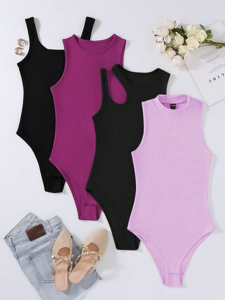 SHEIN EZwear 4pcs Solid Ribbed Knit Bodysuit | SHEIN