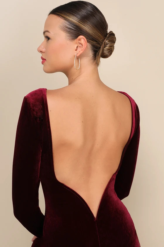 Va Va Voom Burgundy Velvet Backless Long Sleeve Midi Dress | Lulus