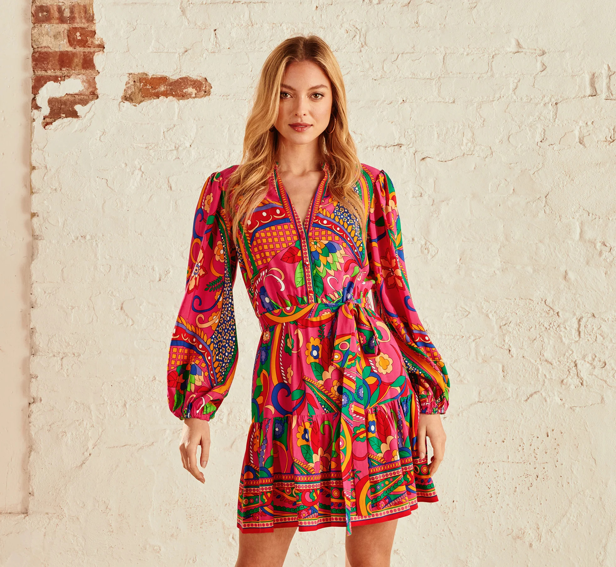 Long Sleeve Retro Printed A Line Dress In Pink Multi | Adrianna Papell