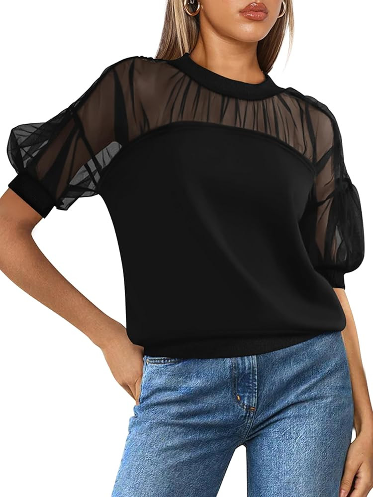 PRETTYGARDEN Women's 2025 Summer Crew Neck Short Sleeve Shirts Lace Going Out Sheer Mesh Crop Top... | Amazon (US)