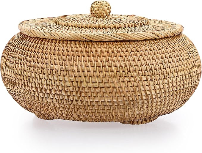 Hipiwe Round Rattan Boxes with Lid Natural Woven Storage Basket Bin Multi-Purpose Wicker Tray Wea... | Amazon (US)