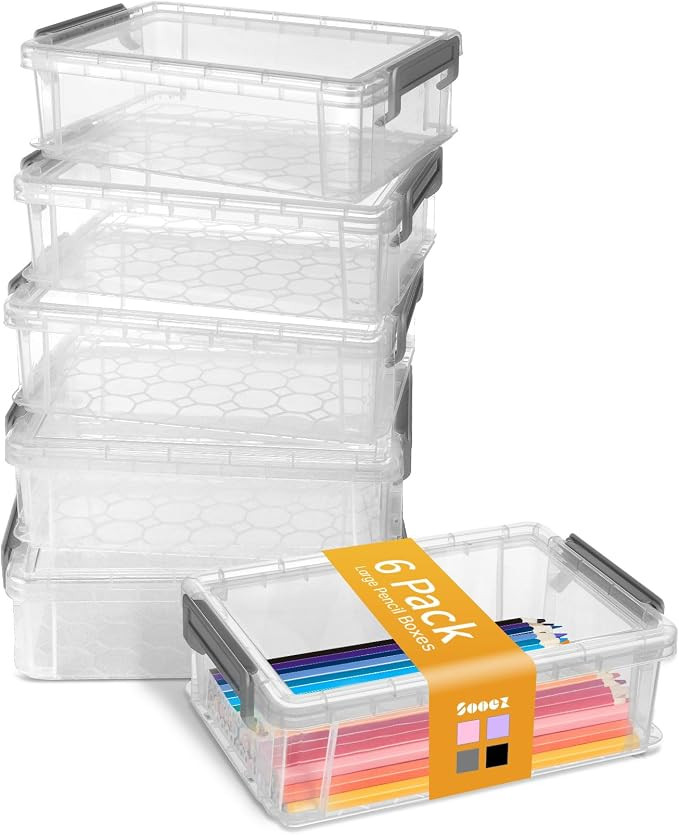 Sooez 6 Pack Extra Large Pencil Box, Plastic Pencil Case Crayon Box, Clear Marker Organizer Plast... | Amazon (US)