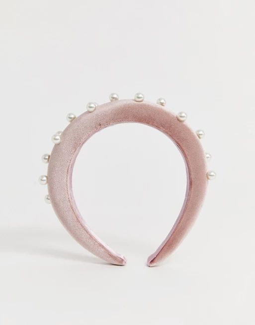 ASOS DESIGN padded headband in pink velvet with pearl embellishment | ASOS US