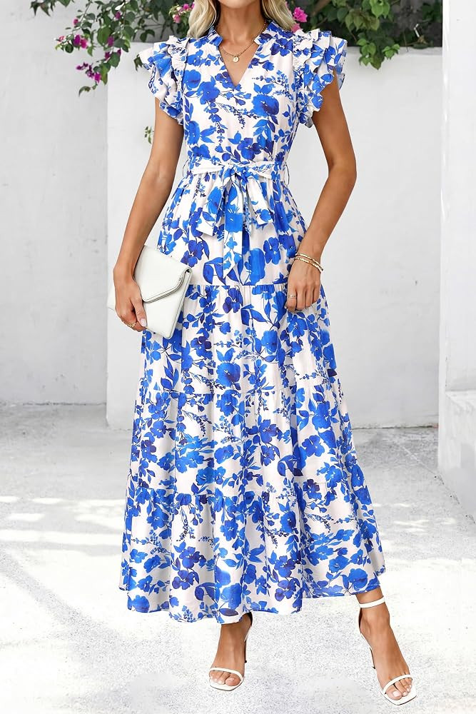 dowerme Women Summer Maxi Dresses 2026 Ruffle Sleeve V Neck Floral Boho Long Dress Belted Tiered ... | Amazon (US)