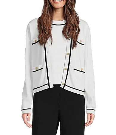 KARL LAGERFELD PARIS Knit Crew Neck Long Sleeve Embellished Button-Front Cardigan - L | Dillard's