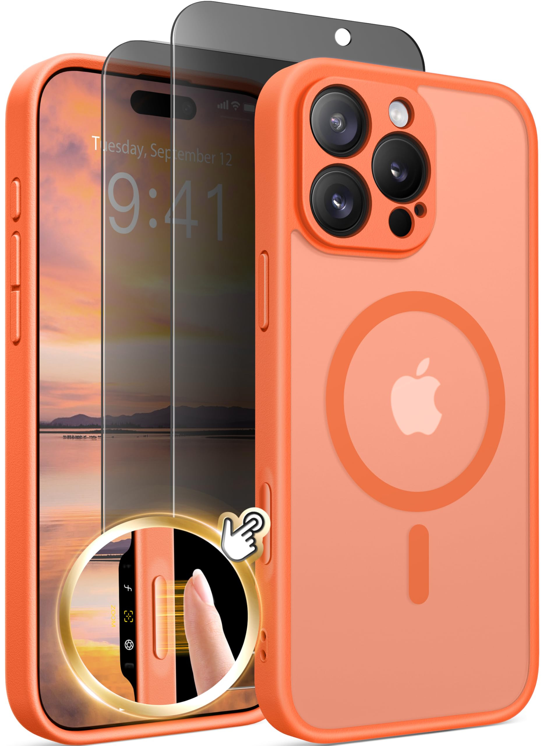 Magnetic for iPhone 16 Pro Case with Camera Control Button,Compatible with MagSafe,[Full Camera Protection][Privacy Screen Protector]Non-slip Matte Translucent iPhone 16 Pro Phone Cover(Bright Orange) | Amazon (US)