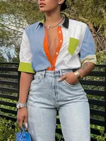 Color Block Shirt, Casual Short Sleeve Collar Summer Shirt, Women's Clothing | Temu Affiliate Program