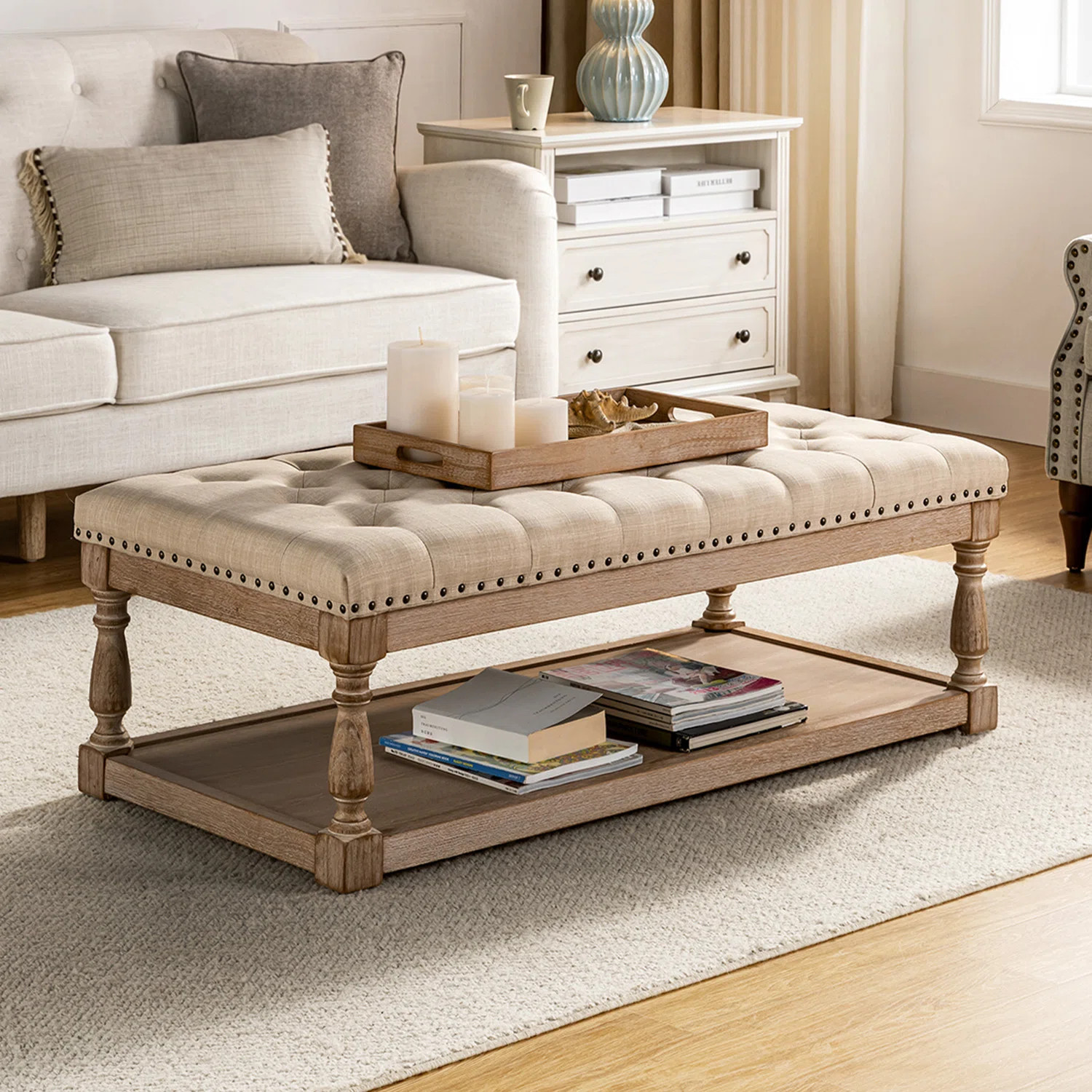 Clymer Farmhouse 47.5"W Tufted Solid Wood Rectangle Cocktail Ottoman with Storage Tray | Wayfair North America