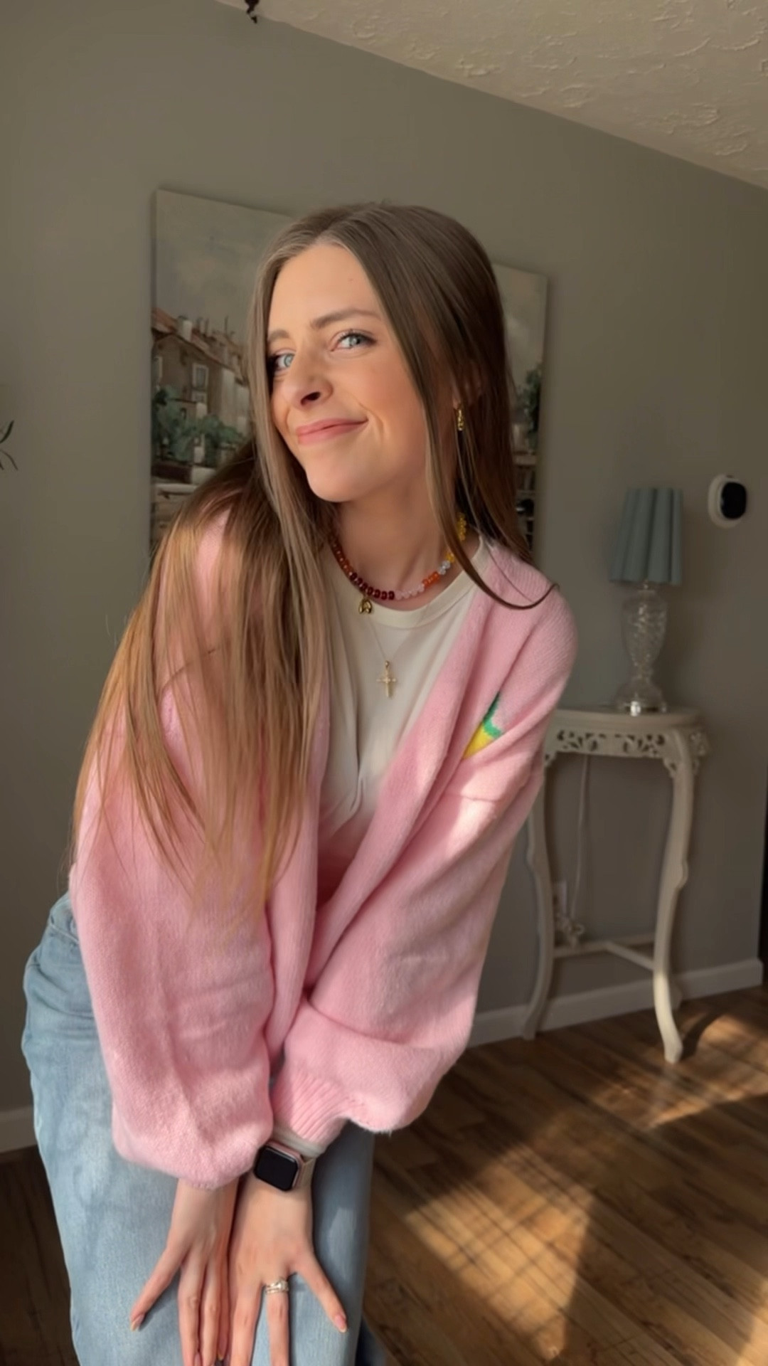 OOTD 4/10/25

Pink yellow cardigan sweater, limon cello lemon print embroidered sweater, white ribbed long sleeve tee basic top, low rise straight leg baggy jeans, Abercrombie curve love denim, light wash jeans for spring, colorful beaded jewelry initial necklace, gold hoop earrings 