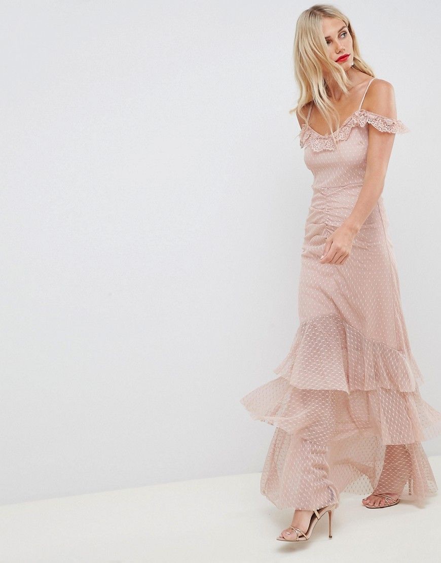 ASOS DESIGN cami dobby bardot ruffle fishtail maxi dress - Pink | ASOS US
