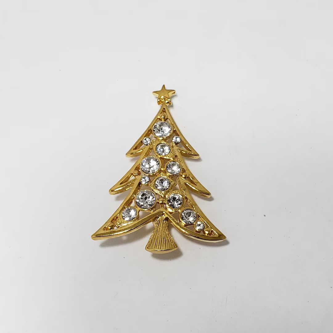 Christmas Tree Brooch Gold With Crystals - Etsy | Etsy (US)