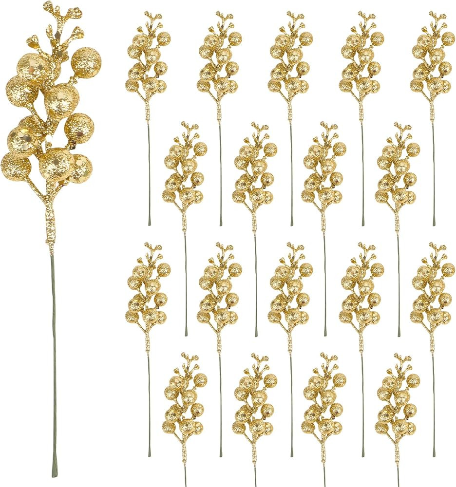 CCINEE 24 Pcs Christmas Gold Berry Stems,7.8Inch Xmas Artificial Glitter Berry Branches for Chris... | Amazon (US)