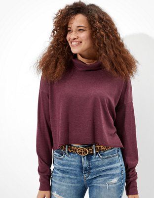 AE Cropped Long Sleeve Mock Neck T-Shirt | American Eagle Outfitters (US & CA)