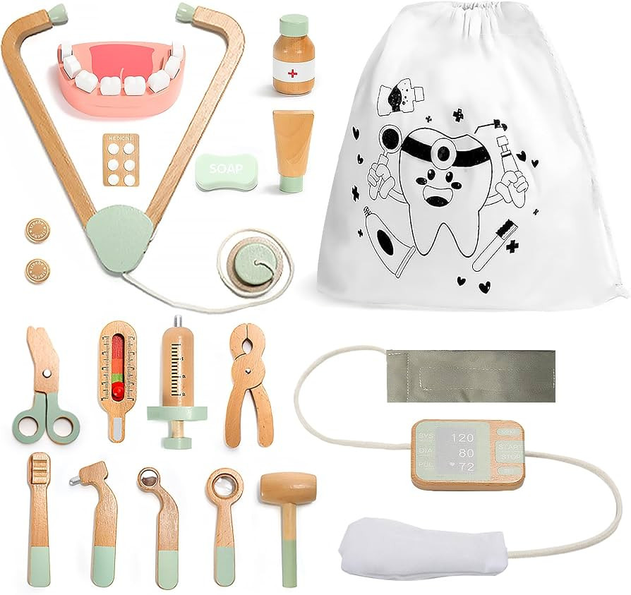 Wooden Doctor Kit for Kids, 19Pcs Pretend Play Dentist Toddlers Doctor Medical Toy Set with Steth... | Amazon (US)