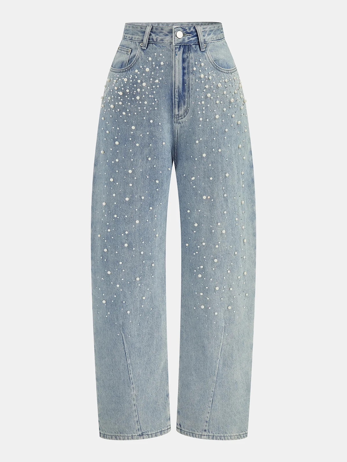 Pearl Rhinestone Embellished Curved Leg Jeans | Commense