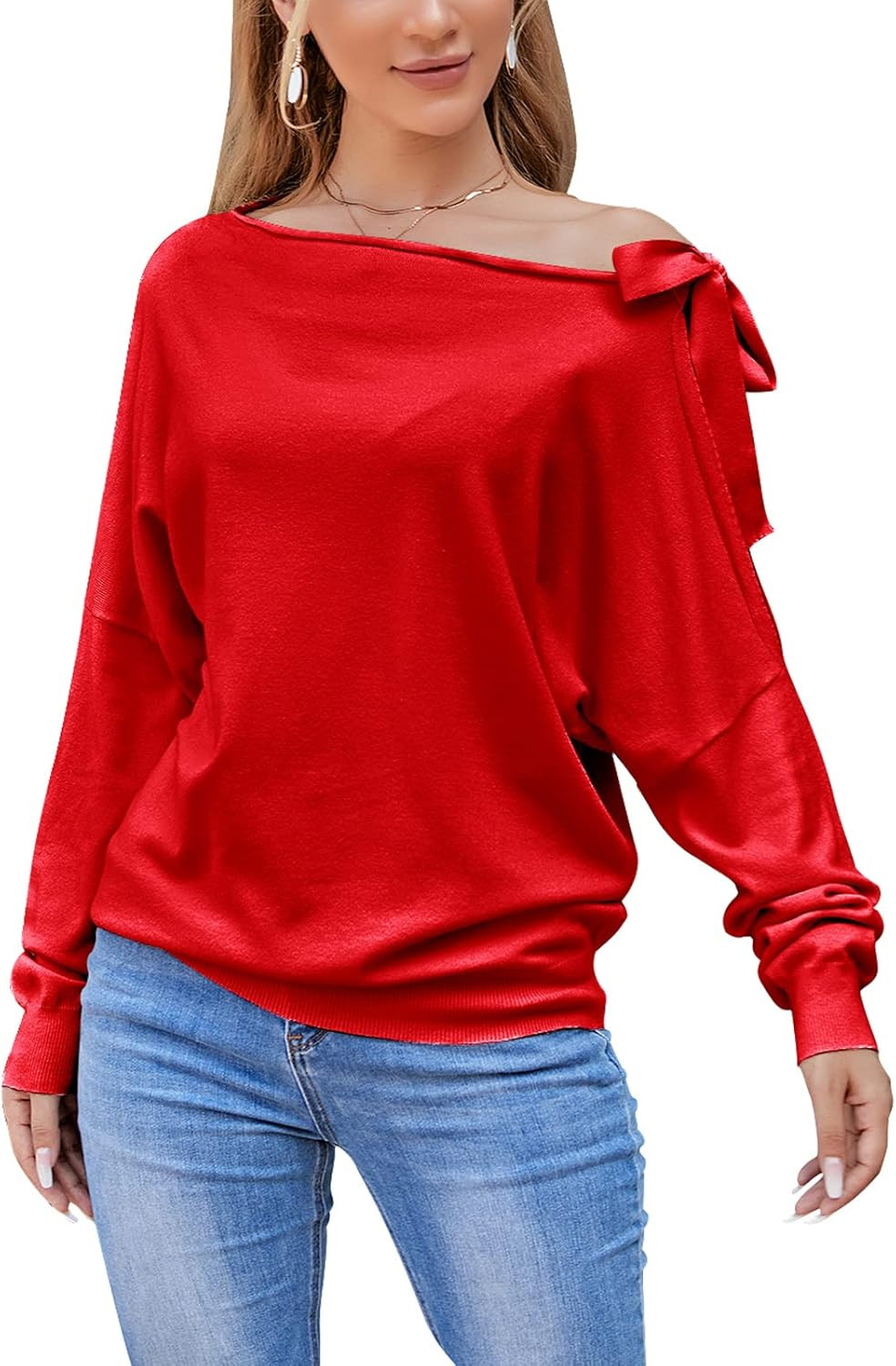 EXLURA Women's Boat Neck Sweater Off Shoulder Batwing Long Sleeve Tie Knot Asymmetrical Blouse El... | Amazon (US)