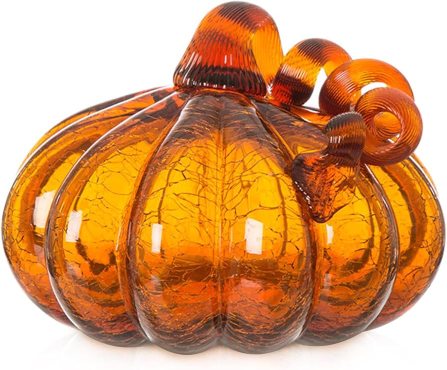 Glitzhome Hand Blown Glass Pumpkin Table Top Home Décor, 5.51", Amber | Amazon (US)