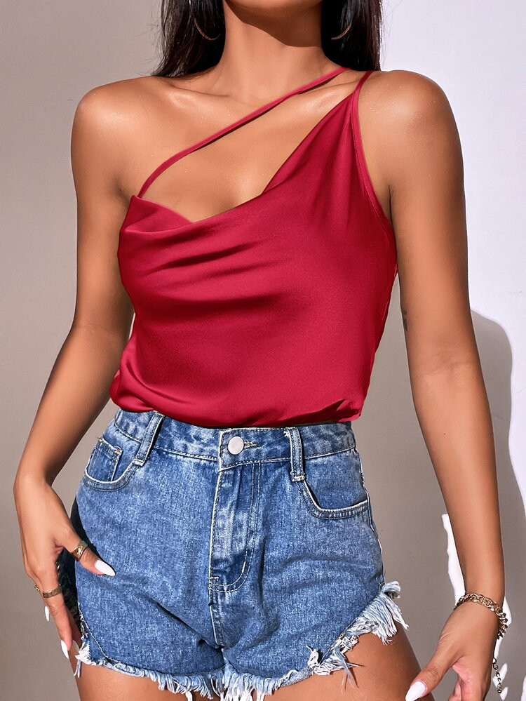 SHEIN SXY One Shoulder Draped Satin Bodysuit | SHEIN