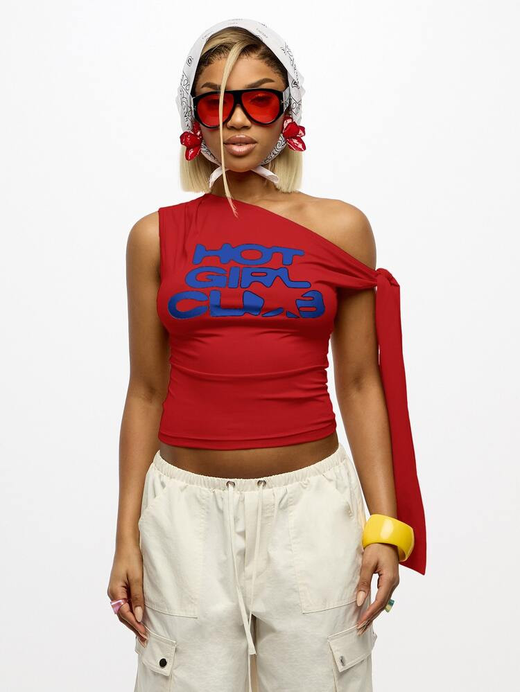 SUMWON Plus Size One Shoulder Crop Top With Tie Detail And Graphic Text Print Summer Festival Top | SHEIN