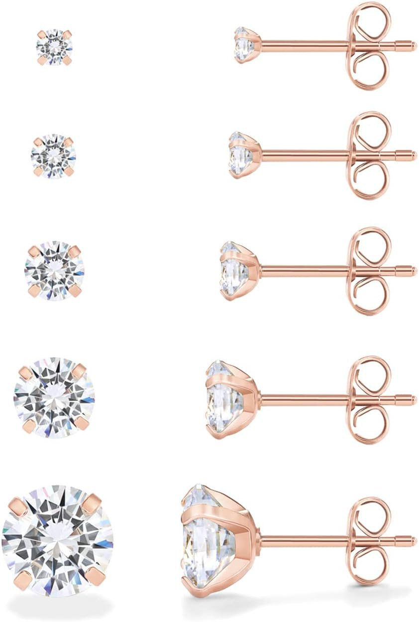 PAVOI Waterproof CZ Stud Earrings for Women, 14K Gold Plated Set of 5 Studs | Amazon (US)