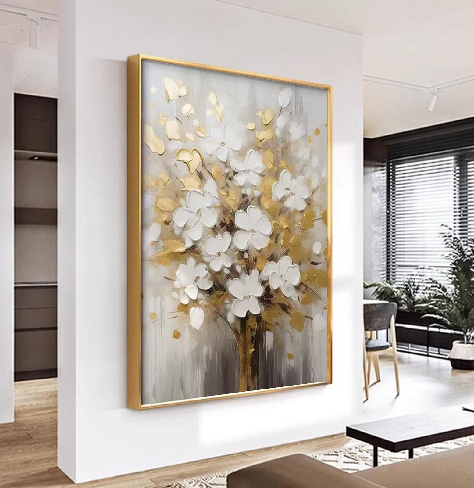 Hand-Painted White and Gold Flowers Painting On Canvas for Living Room,Large 3D Floral Wall Art f... | Amazon (US)