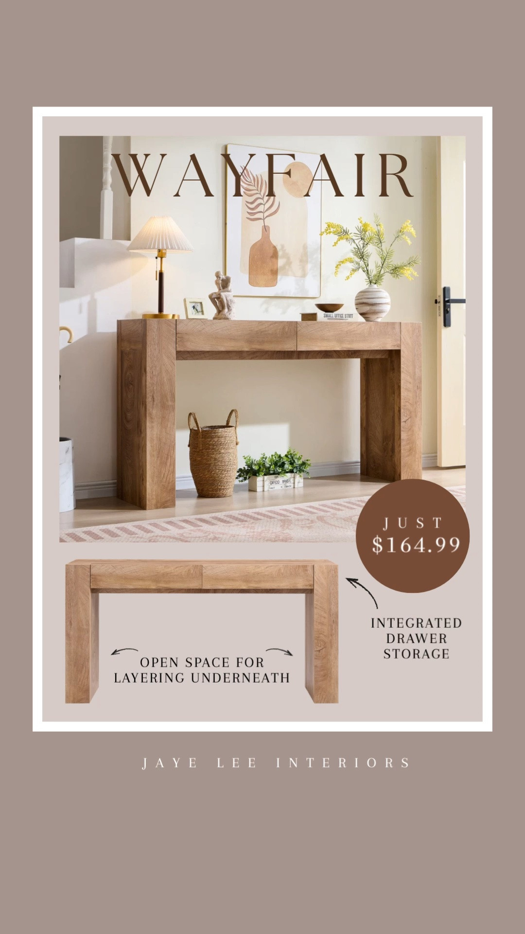 ADD TO CART! This price is too good! Such a great foundation for anchoring and styling your entry!
entry console table, sofa table, console styling, open-base console table, rustic wood console, modern console table, foyer table, entryway storage and organization, #jleeinteriors 

 #LTKHome #LTKSaleAlert