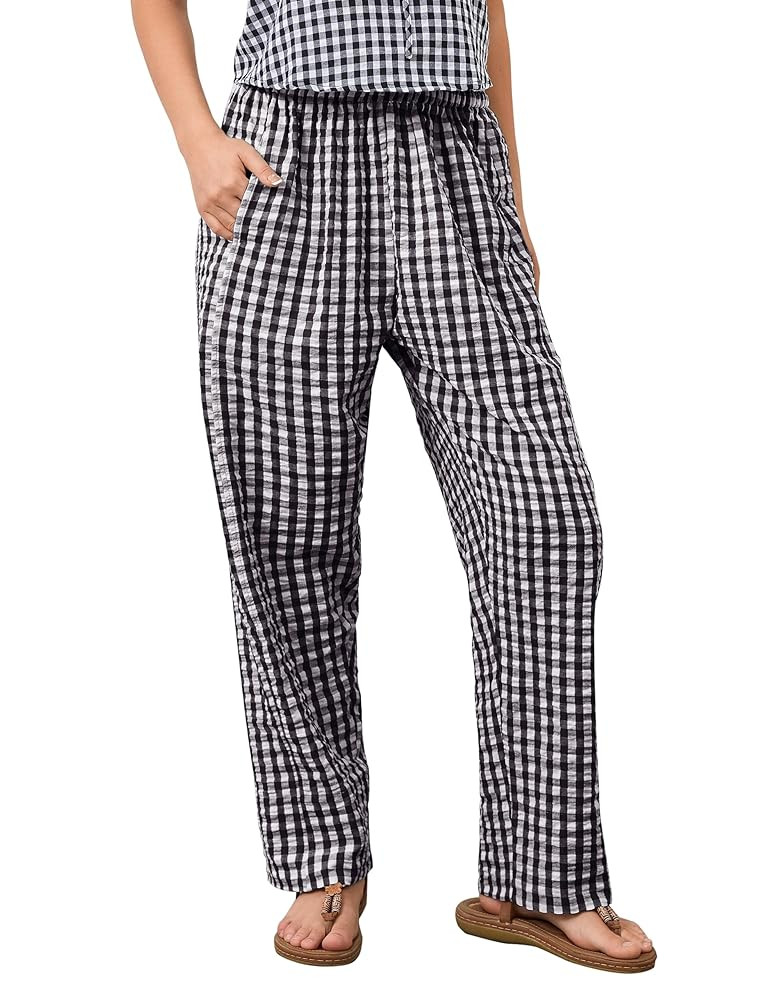 Livtany Women's Mid-Rise Plaid Wide Leg Lounge Long Pant Classic Gingham Print Stretchy Elastic W... | Amazon (US)