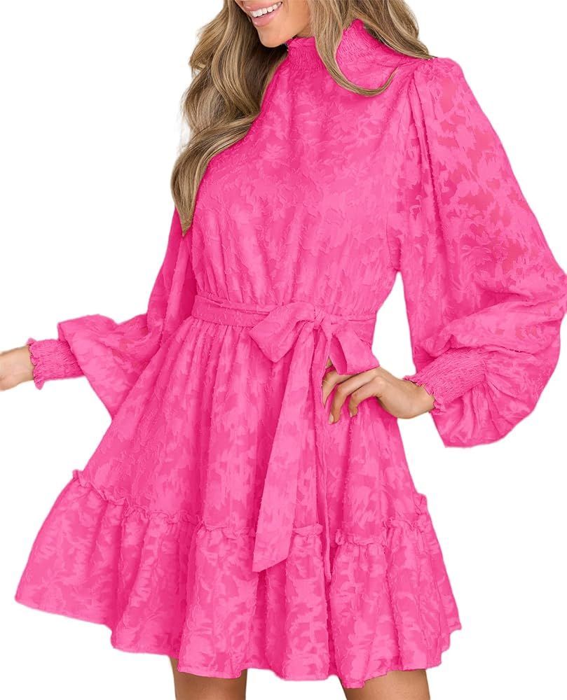Ferlema Women's Elegant Floral Lace Dress Smocked Ruffle Long Sleeve High Waist Tiered Mini Dress... | Amazon (US)