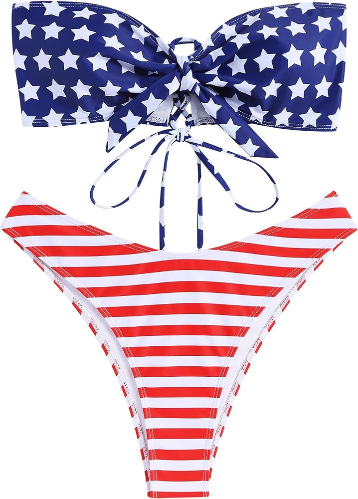 ZAFUL Knotted Bandeau Bikini for Women Strapless Swimsuits High Cut Bathing Suit Sexy Cheeky Tie ... | Amazon (US)