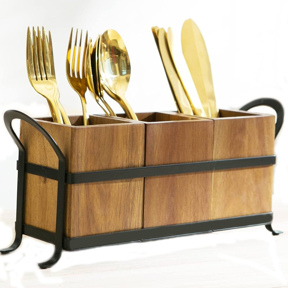 Utensil Caddy Silverware Cutlery Holder with 3 Compartment, Wooden Utensil Crock Flatware Organiz... | Amazon (US)