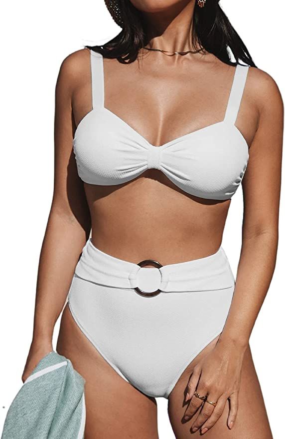 CUPSHE Women's Bowkont Front Bikini Set Tummy Control High Waisted Belted Bathing Suit | Amazon (US)