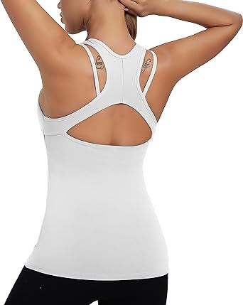 RUNNING GIRL Compression Tank Tops Women,Long Workout Tops with Built in Bra Plus Size Cotton Whi... | Amazon (US)